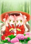  2girls :&lt; :o animal_ears bamboo bamboo_forest bell blonde_hair fang flower forest fox_ears fox_tail green_eyes hair_bell hair_ornament hair_ribbon hanakomiti japanese_clothes kimono multicolored_hair multiple_girls nature open_mouth oriental_umbrella original red_clothes ribbon siblings sisters tail translation_request twins twintails two-tone_hair umbrella yukata 
