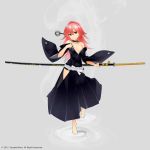  1girl breasts character_request choker cleavage copyright_name dated grey_background hakama head_tilt holding_sword japanese_clothes katana kimono long_hair long_sword mist mitsudomoe_(shape) off_shoulder pink_hair poaro red_eyes ripples sengoku_wars sheath sheathed simple_background solo sword thighs tomoe_(symbol) walking_on_water weapon 