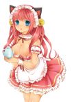  1girl animal_ears atobesakunolove blue_eyes breasts cat_ears cleavage detached_collar dress frilled_dress frills highres large_breasts maid_headdress pink_hair teapot waitress wrist_cuffs 