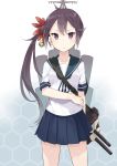  1girl akebono_(kantai_collection) bell black_hair flower hair_bell hair_ornament kantai_collection long_hair looking_at_viewer machinery personification ponytail side_ponytail soburi solo turret violet_eyes 