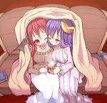  2girls bat_wings blanket blush book breasts collarbone couch crescent_hair_ornament cup dress hair_ornament hat head_wings koakuma kuresento large_breasts long_hair long_sleeves mug multiple_girls open_mouth patchouli_knowledge purple_hair red_eyes redhead ribbed_sweater sitting smile sweater touhou violet_eyes wings wink 