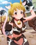  2girls artist_request bell blonde_hair breasts brown_eyes cleavage cow_bell cow_girl cow_print cowboy_hat crop_top fukuda_noriko hat idolmaster idolmaster_million_live! looking_at_viewer multiple_girls navel official_art pout takatsuki_yayoi 