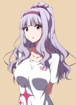  1girl alternate_hairstyle arms_behind_back blush breasts hairband idolmaster large_breasts long_hair open_mouth payot ponytail rariemonn red_eyes shijou_takane silver_hair solo t-shirt 