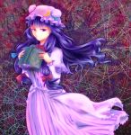  1girl book bow capelet circle crescent_hair_ornament double_bun dress floral_background hair_bow hair_ornament highres long_hair long_sleeves looking_at_viewer mob_cap open_book patchouli_knowledge payot pentagram purple_hair robe saikikkaagobou solo striped striped_dress touhou violet_eyes wind 