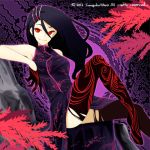  1girl abstract_background black_hair branch character_request china_dress chinese_clothes dated half_gloves knee_up legs long_hair looking_at_viewer lowres poaro print_legwear red_eyes sengoku_wars solo thigh-highs thighs torn_legwear 