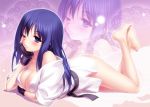  1girl bare_shoulders black_gloves blush bottomless breasts cleavage fingerless_gloves gloves kurusugawa_ayaka long_hair looking_at_viewer lying on_stomach purple_hair smile solo to_heart violet_eyes wink zen zoom_layer 