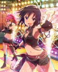  &gt;:d 2girls :d asymmetrical_clothes black_hair chain crop_top fingerless_gloves fishnets gloves headset idolmaster idolmaster_million_live! jewelry kikuchi_makoto looking_at_viewer maihama_ayumu midriff multicolored_hair multiple_girls musical_note navel necklace official_art open_mouth pink_hair short_hair shorts smile stage stage_lights 