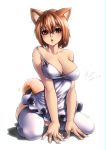  1girl 2014 all_fours animal_ears bare_shoulders blush breasts brown_eyes brown_hair dated eyebrows game00985 large_breasts open_mouth original short_hair signature simple_background sitting solo squirrel_ears squirrel_tail strap_slip tail thighhighs wariza white_background white_legwear 