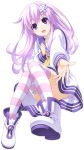  1girl boots choujigen_game_neptune hair_ornament nepgear official_art open_mouth purple_eyes purple_hair smile solo striped_legwear thighhighs 