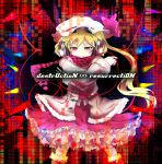  1girl album_cover blonde_hair blush cable checkered_scarf coat cover crossed_arms dress flandre_scarlet hat headphones petticoat red_eyes scarf side_ponytail sinzan smile touhou wings 