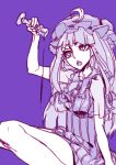  1girl arm_up buttons crescent_hair_ornament cup dripping eyelashes hair_ornament hair_ribbon holding_cup legs looking_up mob_cap monochrome nightgown open_mouth patchouli_knowledge pouring purple_background purple_hair ribbon simple_background sitting solo spot_color thupoppo touhou wine_glass 