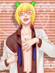  1boy animal_ears blonde_hair blue_eyes doctor glasses highres irabu_ichirou kuuchuu_buranko labcoat male necktie necktie_removed open_clothes open_shirt short_hair solo tongue tongue_out 