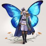  1boy belt black_gloves boots butterfly_wings cape fairy gloves hat highres knee_boots military military_uniform nokuran original peaked_cap scepter solo uniform wings 