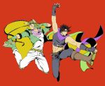  2boys black_hair blonde_hair caesar_anthonio_zeppeli facial_mark feathers fingerless_gloves flying_kick gloves green_eyes green_jacket hair_feathers headband jacket jojo_no_kimyou_na_bouken joseph_joestar_(young) kicking knee_pads kock_k midriff multiple_boys scarf 