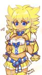  1girl :3 blonde_hair blue_(hopebiscuit) blue_eyes breast_grab corset dual_persona garter_straps joltik long_hair low-tied_long_hair low_twintails midriff miniskirt personification pokemon puffy_short_sleeves puffy_sleeves short_sleeves skirt tan thigh-highs twintails wrist_cuffs yellow_legwear 