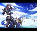  1boy black_eyes black_hair blue_eyes bracelet dog jewelry kiseru long_hair male osamu_(jagabata) pipe repede smile solo sword tales_of_(series) tales_of_vesperia weapon yuri_lowell 