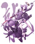  black_legwear blush breasts cannon cardigan eyepatch fingerless_gloves glaive gloves headgear imperial_japanese_navy kantai_collection mechanical_halo necktie open_mouth personification purple_hair red_eyes sakakir school_uniform short_hair skirt smile sword tatsuta_(kantai_collection) tenryuu_(kantai_collection) thigh-highs torpedo turret violet_eyes weapon 