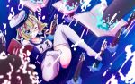  1girl aqua_eyes blonde_hair book breasts glasses hat i-8_(kantai_collection) kantai_collection long_hair one-piece_swimsuit personification school_swimsuit solo swimsuit thighhighs tsukineko twintails underwater white_legwear wince 