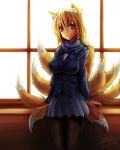  1girl animal_ears blonde_hair breasts fox_ears fox_tail freeze-ex large_breasts ledge multiple_tails necktie pantyhose scarf school_uniform smile solo tail touhou window yakumo_ran yellow_eyes 