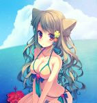  1girl animal_ears bikini blonde_hair breasts cat_ears cleavage flower hair_ornament hairclip long_hair navel ocean original red_eyes reia sky solo swimsuit water 