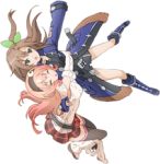  2girls black_legwear boots brown_hair choujigen_game_neptune closed_eyes compa green_eyes headband hug hug_from_behind if_(choujigen_game_neptune) long_hair lowres multiple_girls official_art one_side_up open_mouth pink_hair thighhighs 