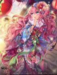  1girl blue_eyes blush chinese_lantern flower hair_flower hair_ornament japanese_clothes kimono long_hair open_mouth original pink_hair side_ponytail solo very_long_hair yeonwa 