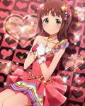  1girl amami_haruka artist_request blush brown_hair dress green_eyes hair_ornament hands_clasped heart idolmaster idolmaster_million_live! jewelry necklace official_art red_background red_dress single_glove smile solo sparkle star_hair_ornament 