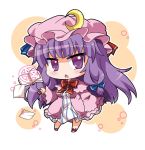  1girl book chestnut_mouth chibi crescent dress hair_ribbon long_sleeves looking_at_viewer mob_cap noai_nioshi open_book open_clothes open_coat open_mouth patchouli_knowledge pentagram purple_hair ribbon solo striped striped_dress touhou tress_ribbon violet_eyes wide_sleeves 