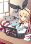  1girl :3 blonde_hair blue_vert blush computer cookie crossed_legs cup elbow_gloves food gloves kantai_collection laptop long_hair personification rensouhou-chan shimakaze_(kantai_collection) sitting socks solo striped striped_legwear teacup thighhighs white_gloves 