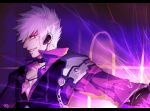  1boy add_(elsword) bloody_yukime chain ear_covers elsword facial_mark grin highres jacket male purple purple_background smile solo tattoo violet_eyes white_hair 