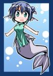  1girl alternate_costume blue_hair blush chibi china_dress chinese_clothes green_eyes head_fins hemogurobin_a1c mermaid monster_girl open_mouth short_hair smile solo touhou wakasagihime 
