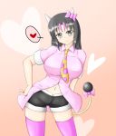  1girl black_hair blush breasts grey_eyes hair_bow heart horns huge_breasts miltank necktie personification pink_legwear pokemon smile solo tail thighhighs 