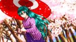  1girl alternate_hairstyle dutch_angle flower green_eyes green_hair hair_ribbon hakama hatsune_miku highres japanese_clothes kimono long_hair oriental_umbrella petals ponytail ribbon solo taidaru umbrella unmoving_pattern vocaloid 