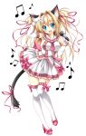  1girl :d animal_ears blonde_hair blouse blue_eyes bracelet breasts cat_ears elbow_gloves frilled_shirt frilled_skirt frills gloves high_heels highres jewelry kamiya_tomoe microphone musical_note necktie open_mouth ribbon skirt smile tail tail_ribbon thighhighs white_legwear 