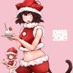  2013 2girls black_hair cake christmas cream_on_face crop_top eyebrows food fork freckles fruit hair_over_one_eye hat highres licking midriff multiple_girls original pink_hair san_mamiya santa_costume santa_hat shorts sleeveless slit_pupils solo_focus strawberry thick_eyebrows 