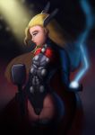  1girl androgynous armor blonde_hair blue_eyes cape dclzexon feathers female fringe genderswap hair_feathers highres leotard light_smile long_hair marvel mjolnir thighhighs thor warhammer weapon 