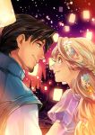  1boy 1girl blonde_hair brown_hair couple facial_hair flynn_rider goatee head_wreath hetero lantern long_hair paper_lantern rapunzel_(disney) tangled u-min 