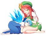  2girls bare_legs barefoot beret blue_eyes blue_hair bow braid chinese_clothes cirno green_eyes hair_bow hat hong_meiling ice ice_wings kuresento lap_pillow long_hair multiple_girls open_mouth redhead short_hair simple_background smile touhou twin_braids white_background wings wink 