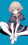  1girl :&lt; barefoot blonde_hair blue_background green_eyes hands_on_feet knees_apart_feet_together legs mizuhashi_parsee pointy_ears scarf shadow shirt short_sleeves simple_background sitting skirt slit_pupils solo thupoppo toes touhou 