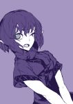  1girl arm_warmers ascot dutch_angle green_eyes looking_at_viewer mizuhashi_parsee monochrome open_mouth pointy_ears purple_background scar_across_eye short_hair simple_background solo spot_color thupoppo touhou 