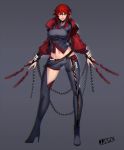  1girl asymmetrical_clothes belt black_sclera boots breasts bridal_gauntlets chain eartha_(jjune) grey_background heterochromia high_heels highres jacket jjune knife large_breasts midriff mole navel original red_eyes red_jacket redhead short_hair solo thigh-highs thigh_boots 
