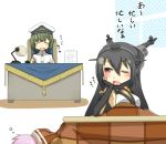  b-man bare_shoulders black_hair comic desk elbow_gloves female_admiral_(kantai_collection) gloves hairband headgear kantai_collection kotatsu lamp long_hair multiple_girls nagato_(kantai_collection) pen personification red_eyes table tama_(kantai_collection) translation_request under_kotatsu under_table 