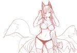  1girl ahri animal_ears bra breasts cleavage fox_ears fox_tail highres large_breasts league_of_legends long_hair monochrome multiple_tails pan!ies panties sketch solo strap_pull tail thighhighs underwear whisker_markings 