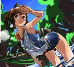  1girl bare_shoulders brown_eyes brown_hair feet_in_water i-401_(kantai_collection) kantai_collection one-piece_swimsuit personification ponytail school_swimsuit school_uniform short_hair short_ponytail smile soaking_feet solo swimsuit tagaya6592 water 