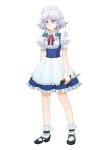  1girl blue_eyes blue_skirt bow braid frilled_apron frilled_legwear frilled_skirt frills gradient_hair grey_hair hair_bow holding holding_weapon izayoi_sakuya knife legs maid maid_apron maid_headdress mary_janes marydill multicolored_hair puffy_sleeves ribbon shoes short_sleeves silver_hair simple_background skirt touhou twin_braids white_background 