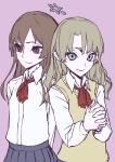  2girls arms_behind_back ascot blazer blonde_hair blue_eyes brown_hair character_request copyright_request dress_shirt eyelashes hands_clasped interlocked_fingers long_hair looking_ahead multiple_girls purple_background red_eyes school_uniform shirt simple_background skirt smile star thupoppo 