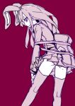  1girl animal_ears bag bunny_tail buttons hand_on_own_thigh kneepits leaning_forward legs long_hair long_sleeves looking_back miniskirt monochrome panties pantyshot parted_lips payot pleated_skirt purple_hair rabbit_ears red_background reisen_udongein_inaba shoulder_bag simple_background skirt solo strap_slip tail thigh-highs thupoppo touhou underwear zettai_ryouiki 