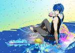 1boy ak_(cosmio) blue_eyes blue_hair food from_behind headphones highres ice_cream kaito looking_back male sitting solo vocaloid 