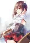  1girl adjusting_hair armor brown_eyes brown_hair headgear kantai_collection looking_at_viewer machinery nunucco open_mouth personification short_hair solo taihou_(kantai_collection) 