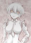  1girl aegis android between_breasts dark_persona looking_at_viewer monochrome necktie necktie_between_breasts persona persona_3 persona_4:_the_ultimate_in_mayonaka_arena robot_joints segami_daisuke shaded_face short_hair smirk smug solo spot_color yellow_eyes 